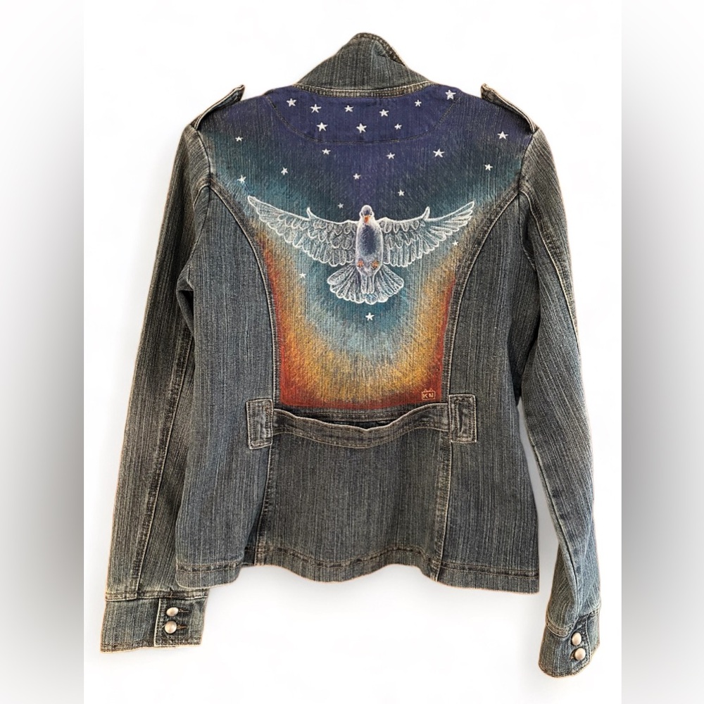 Wearable art, upscaled band style handpainted denim coat